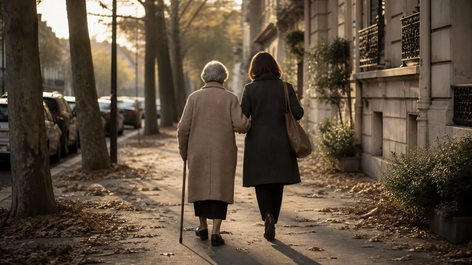 Une femme âgée et sa fille adulte marchent de dos sur un trottoir bordé d’arbres.