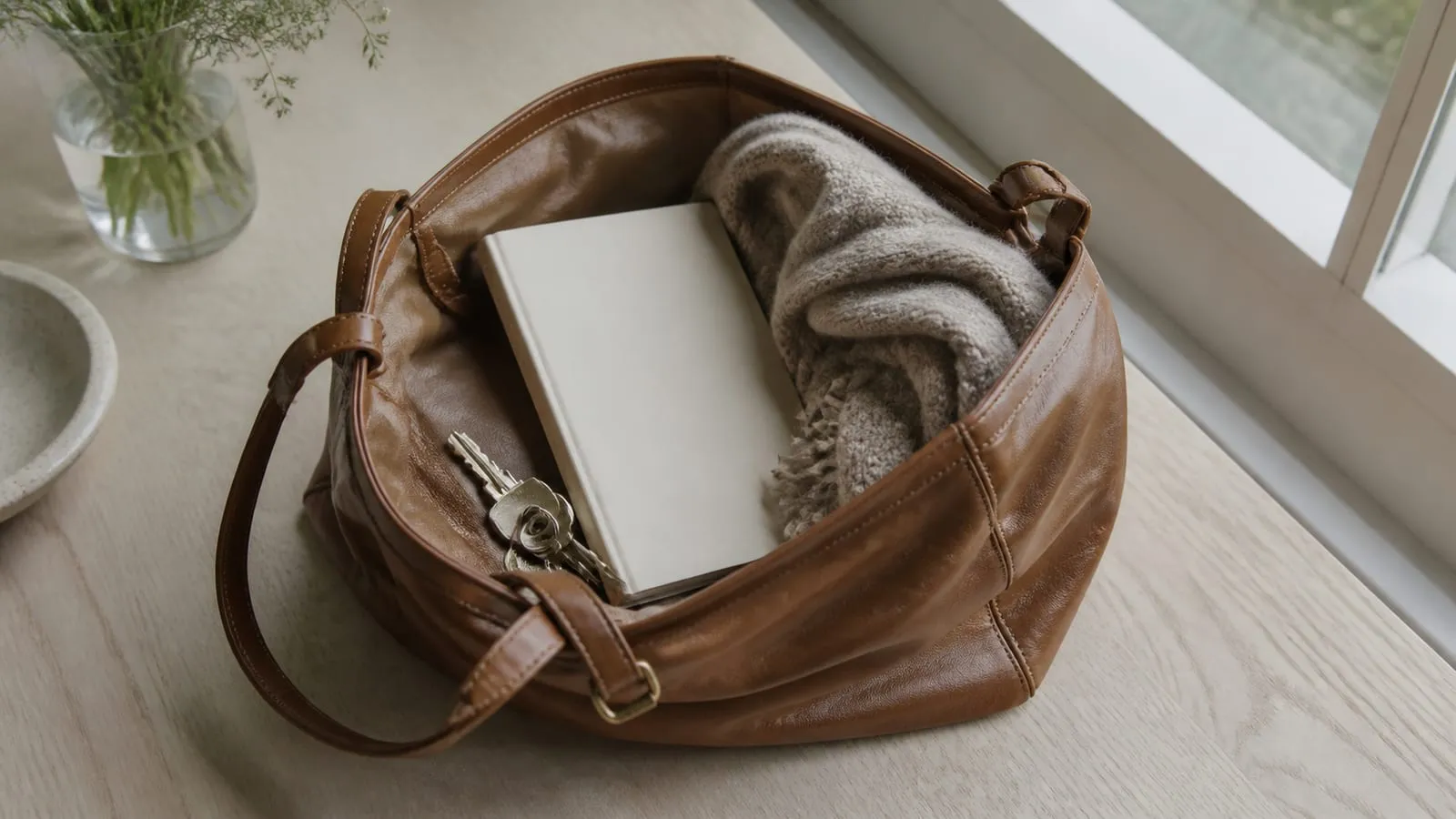 Un sac à main ouvert posé près d’une fenêtre, avec des clés et un carnet.