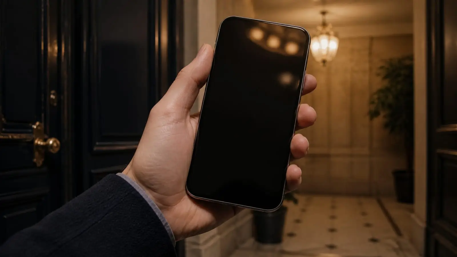 Une main tient un téléphone à l’écran éteint dans un hall éclairé le soir.