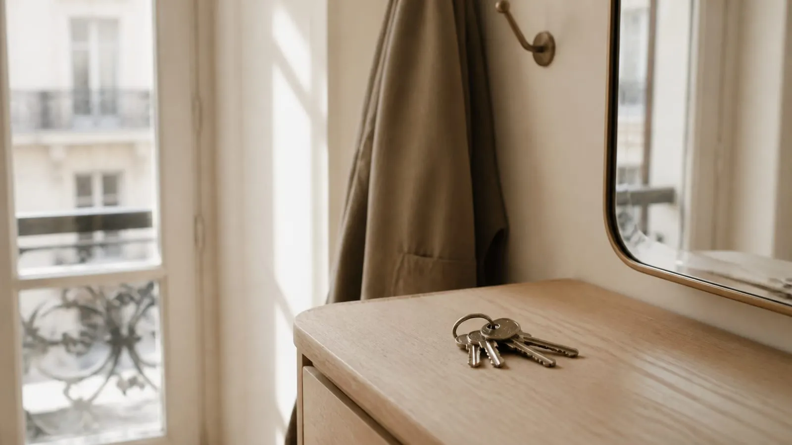 Un trousseau de clés posé sur une console d’entrée, près d’un manteau accroché.