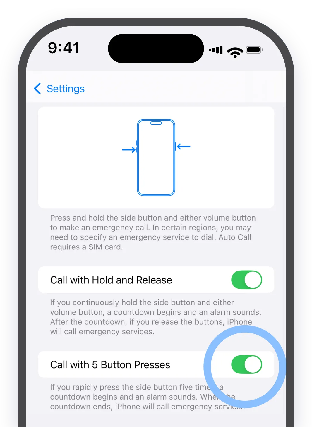 Réglages iPhone, activation du SOS d’urgence