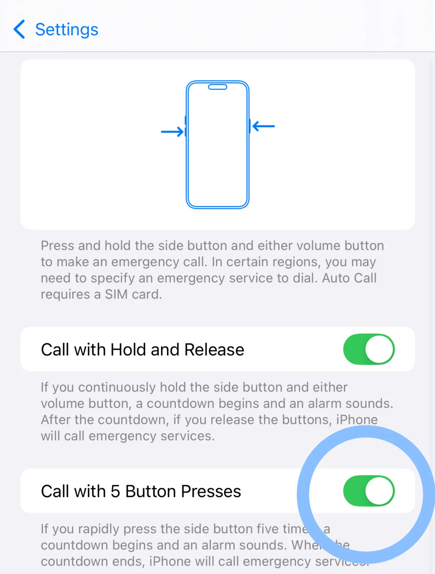 iPhone: Turn on the SOS settings