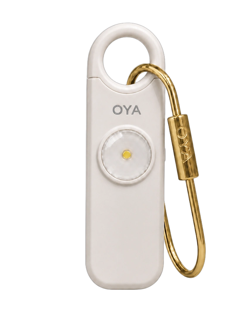 OYA Pearl Sand, Anti-agression, sirène 130 dB et lampe, de face, avec le mousqueton