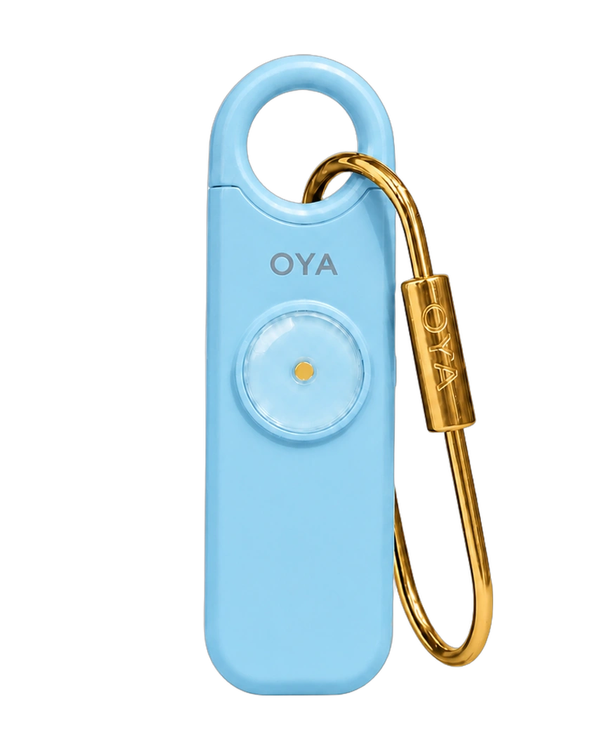 OYA Sky Blue, Anti-agression, sirène 130 dB et lampe, de face, avec le mousqueton