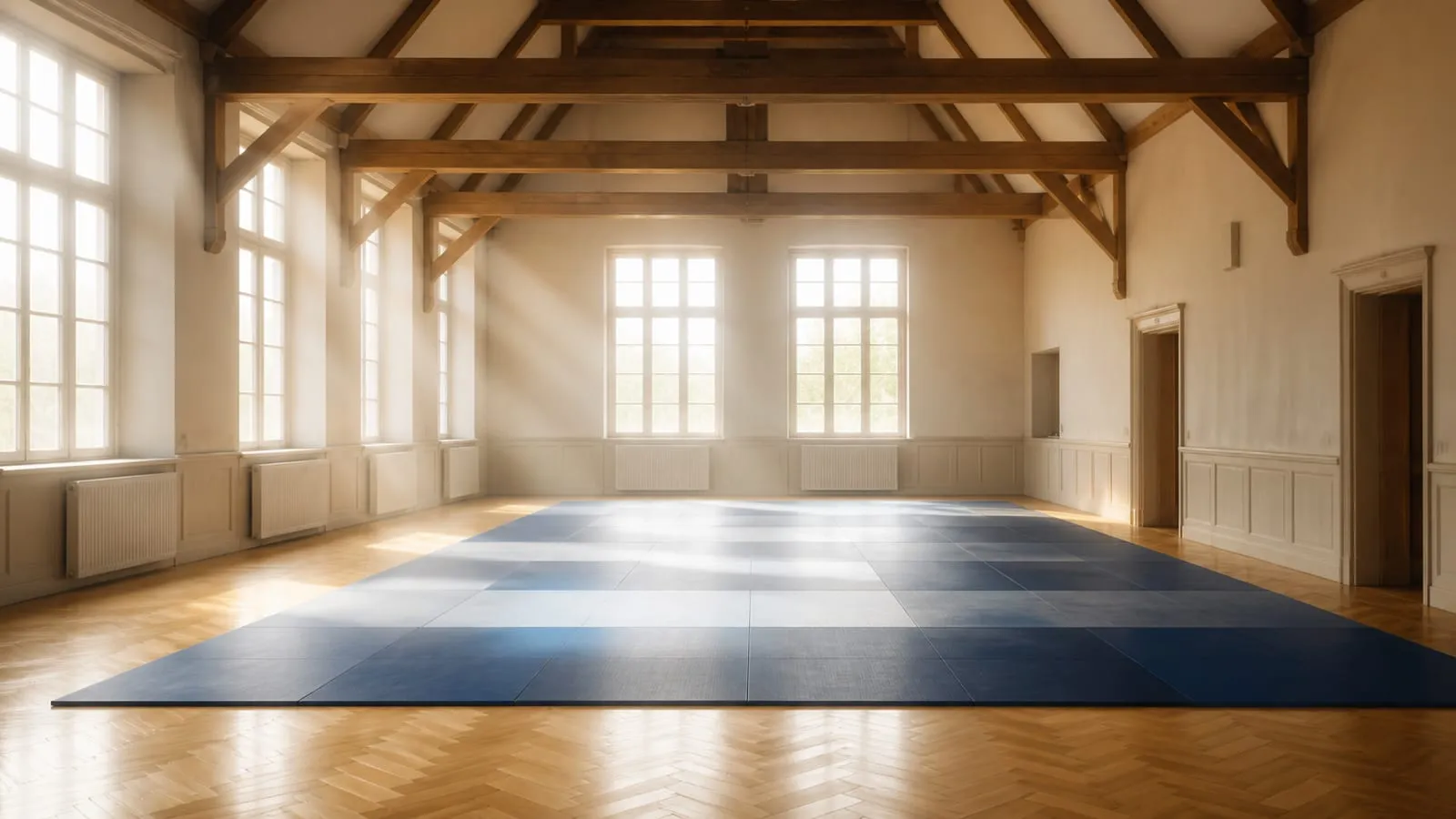 Une salle de sport ancienne aux hautes fenêtres, tatamis au sol, entièrement vide.