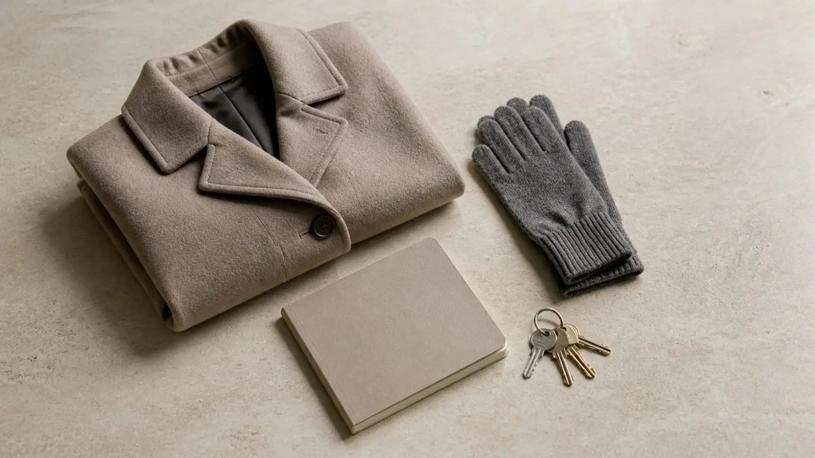 Un manteau plié, des gants, un carnet et des clés posés sur un comptoir clair.
