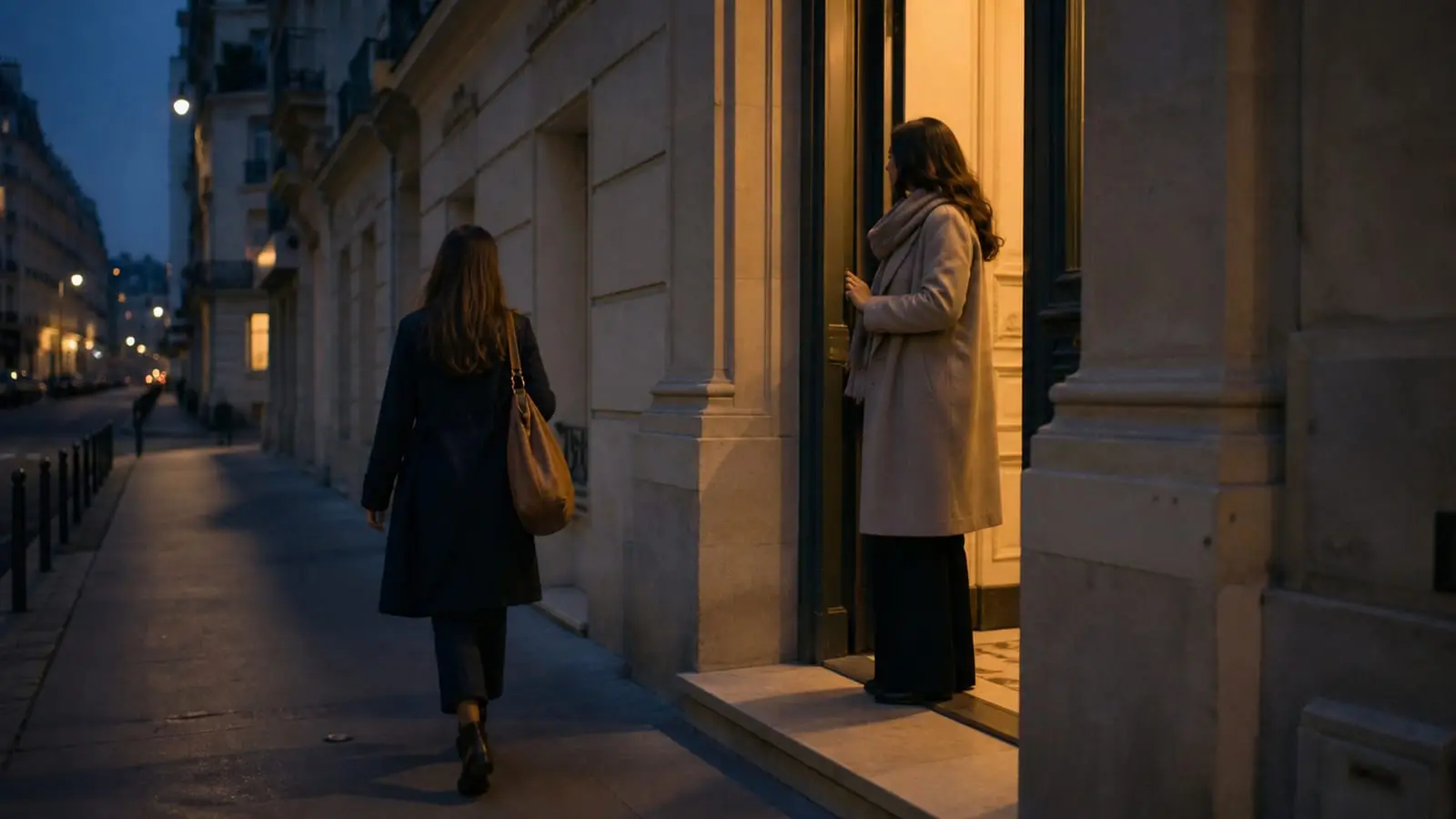Deux amies se disent au revoir devant un porche éclairé, le soir.