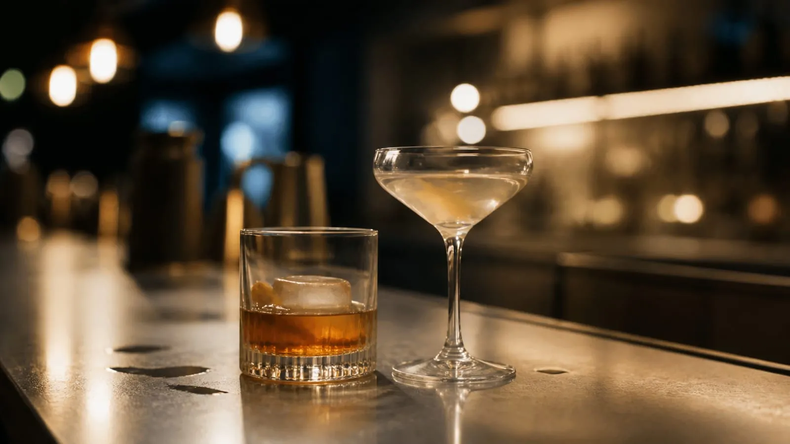 Deux verres posés sur un comptoir de bar, lumières chaudes floues en arrière-plan.