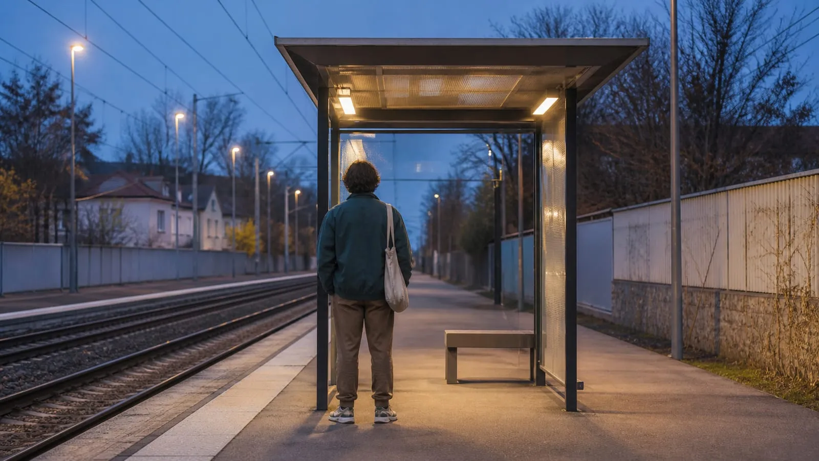 Une personne attend seule de dos sous un abri de quai, au crépuscule.