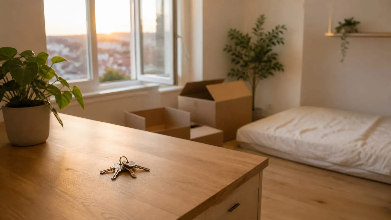 Un petit studio en emménagement : cartons ouverts, plante et clés sur le plan de travail.
