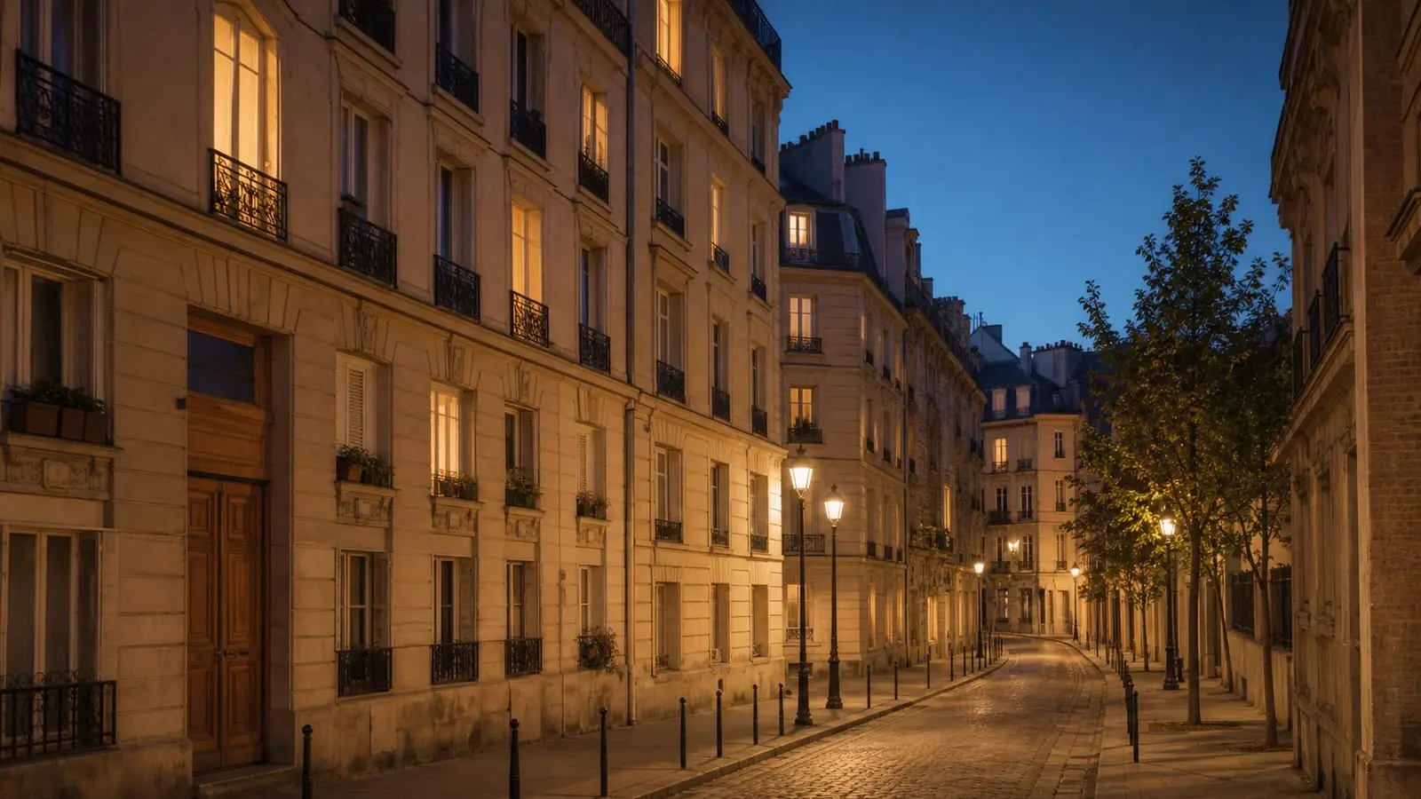 Une rue résidentielle le soir, trottoir dégagé et fenêtres allumées aux étages.